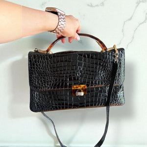 Vintage High-Gloss Croc-Embossed Top Handle Bag with Lucite Details