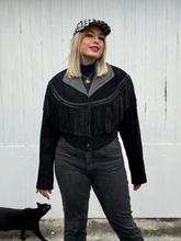 Load image into Gallery viewer, Vintage Black Suede &amp; Leather Fringe Jacket by Wilsons
